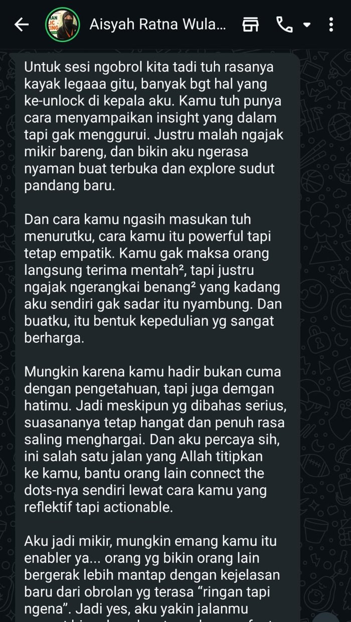 Screenshot testimoni WhatsApp dari Aisyah Ratna Wulandari